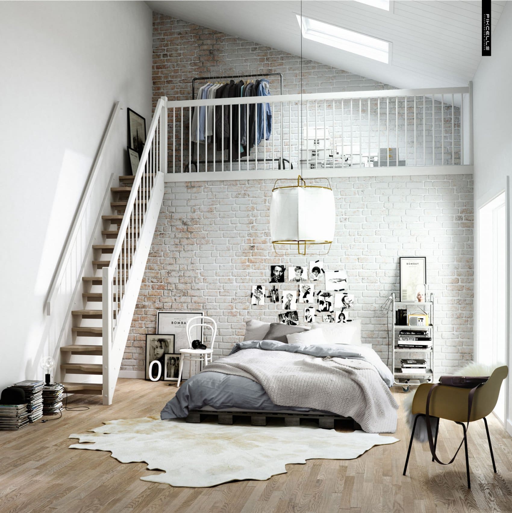 airy and fresh Scandinavian bedroom with upstairs closet. by Pikcells Visualisation Studio