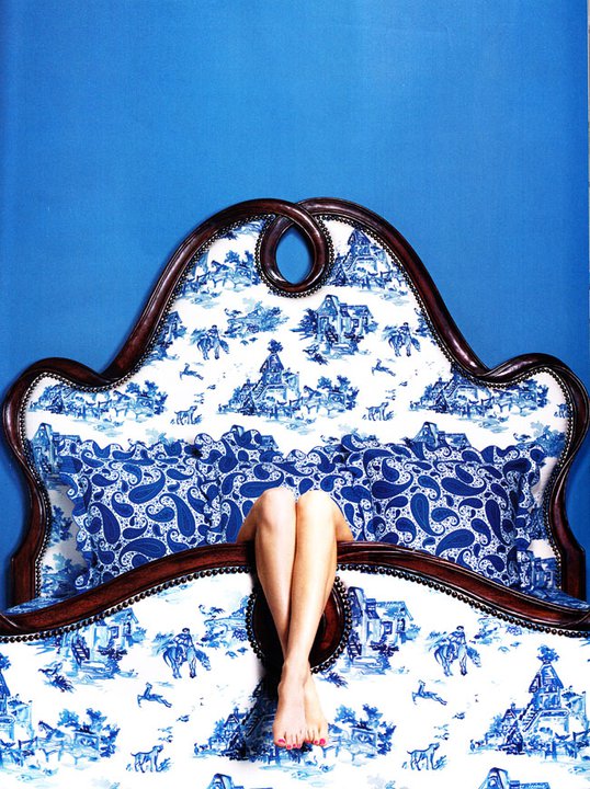 blue and white bed