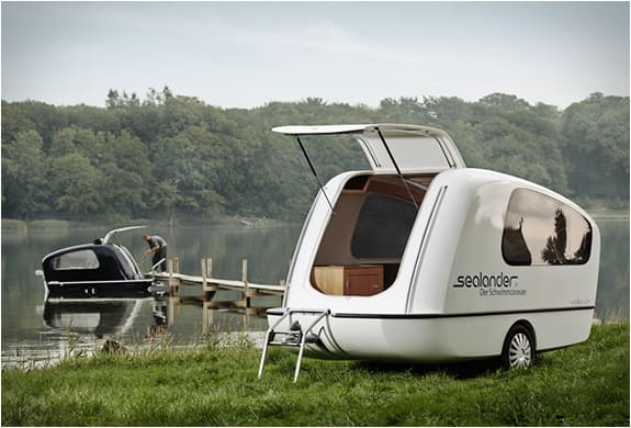 Amazing Caravan Yacht by Sealander let's you travel on land or water